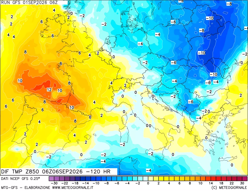 mappa Dif. Temp a 850 hPa Valid - Init
