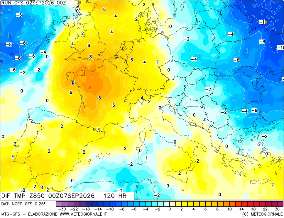 mappa Dif. Temp a 850 hPa Valid - Init