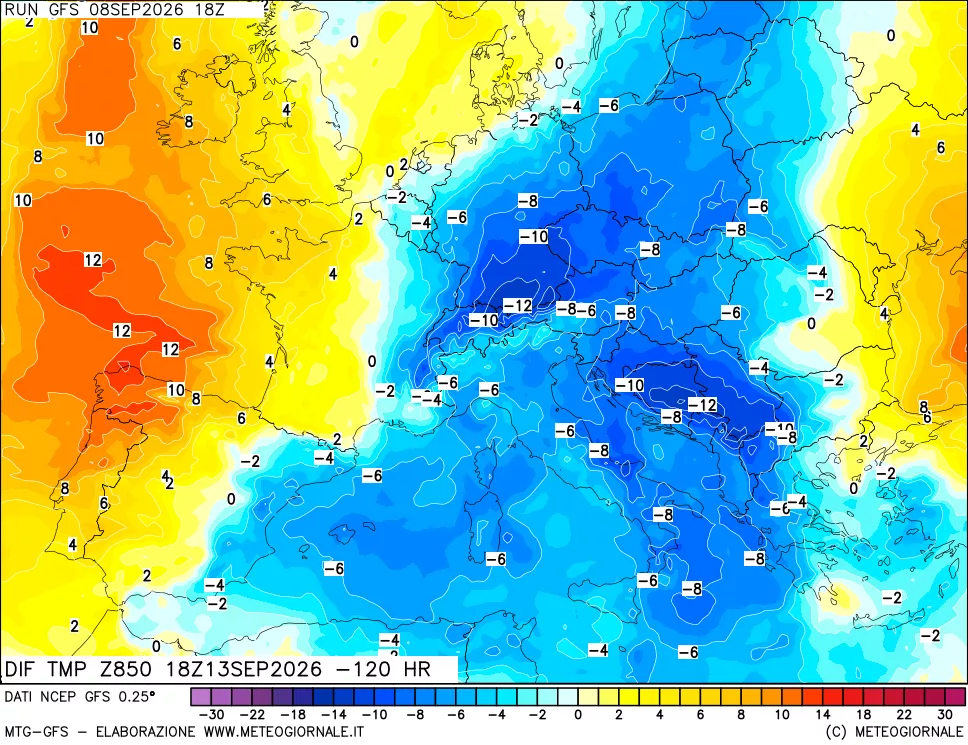 mappa Dif. Temp a 850 hPa Valid - Init