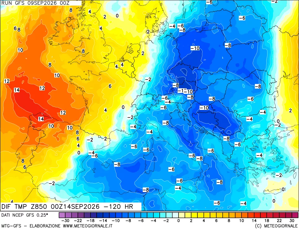 mappa Dif. Temp a 850 hPa Valid - Init
