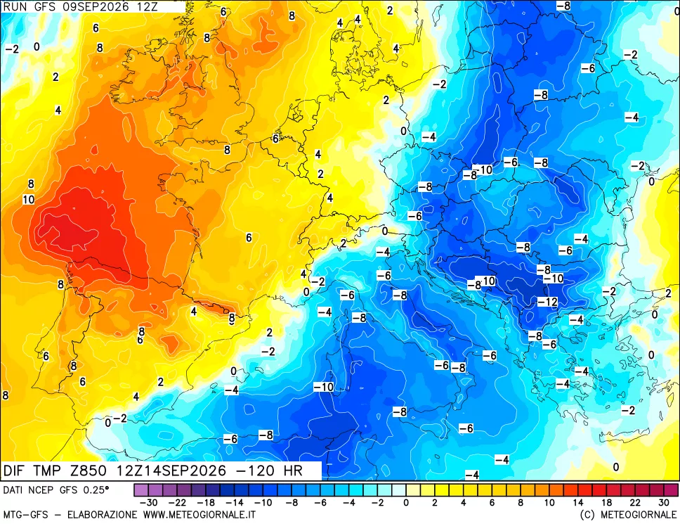 mappa Dif. Temp a 850 hPa Valid - Init