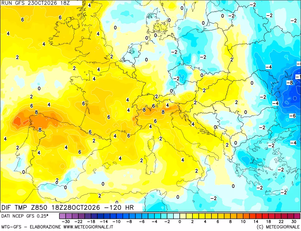 mappa Dif. Temp a 850 hPa Valid - Init