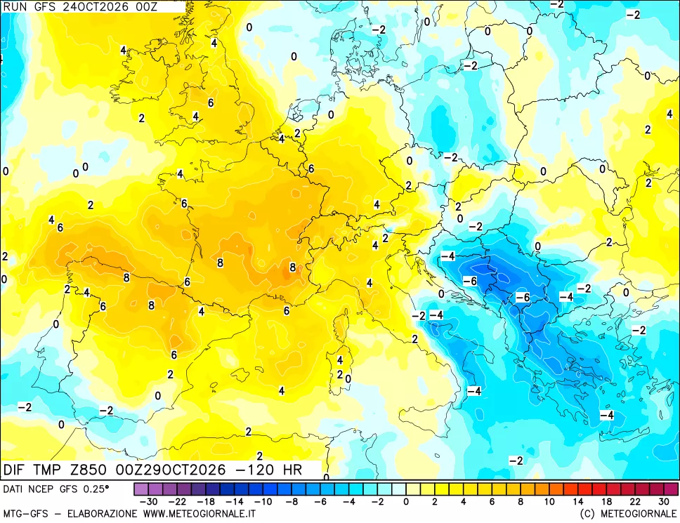 mappa Dif. Temp a 850 hPa Valid - Init