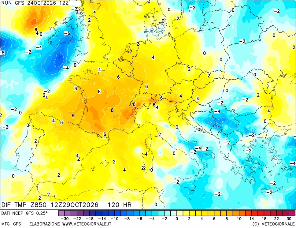 mappa Dif. Temp a 850 hPa Valid - Init