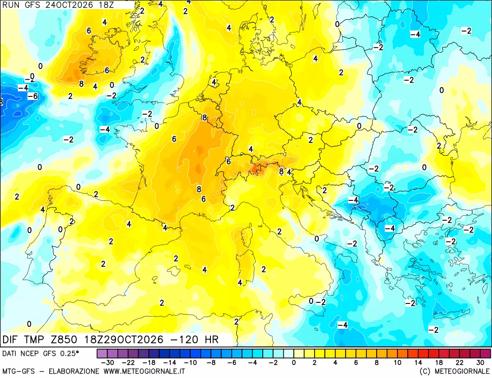 mappa Dif. Temp a 850 hPa Valid - Init
