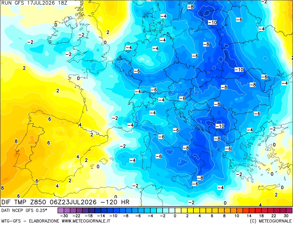 mappa Dif. Temp a 850 hPa Valid - Init