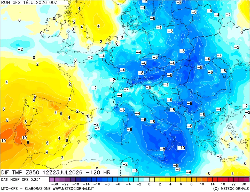 mappa Dif. Temp a 850 hPa Valid - Init