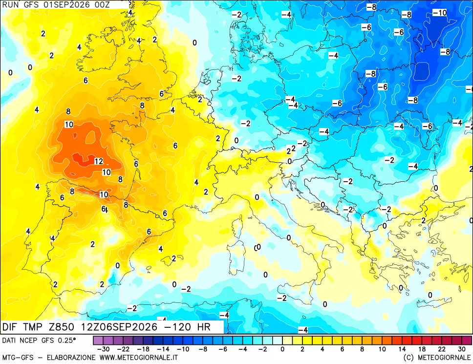 mappa Dif. Temp a 850 hPa Valid - Init