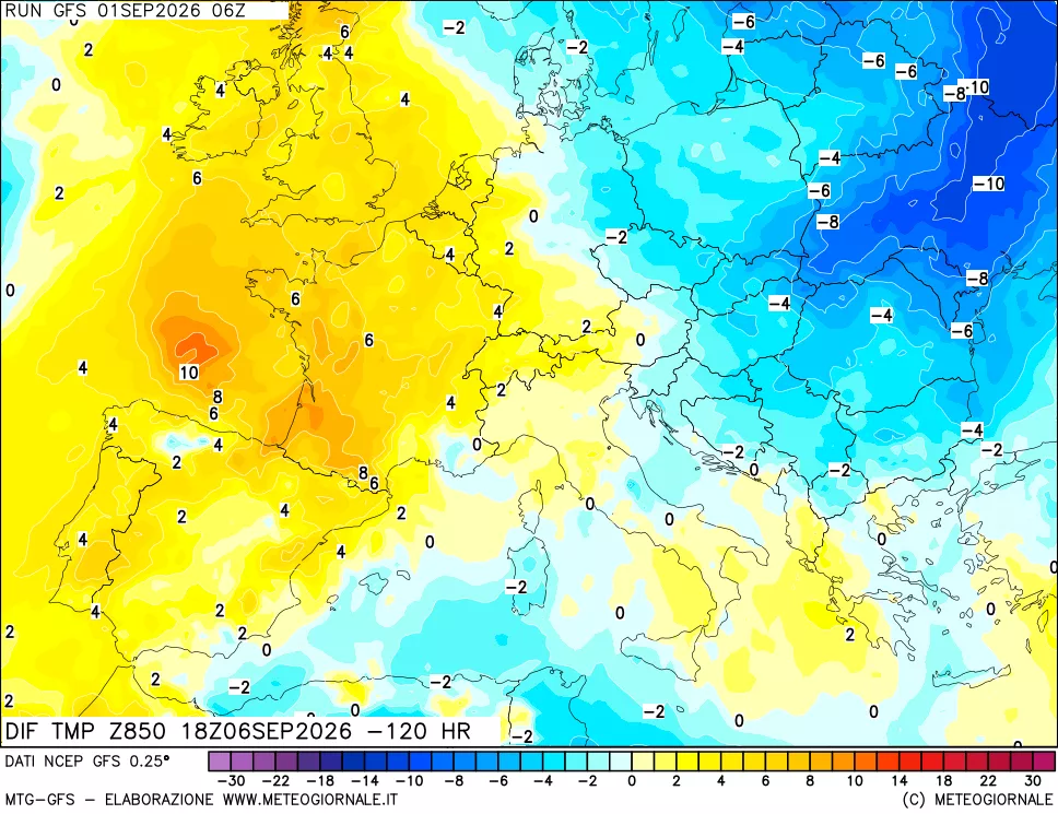 mappa Dif. Temp a 850 hPa Valid - Init