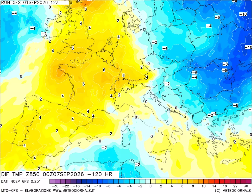 mappa Dif. Temp a 850 hPa Valid - Init