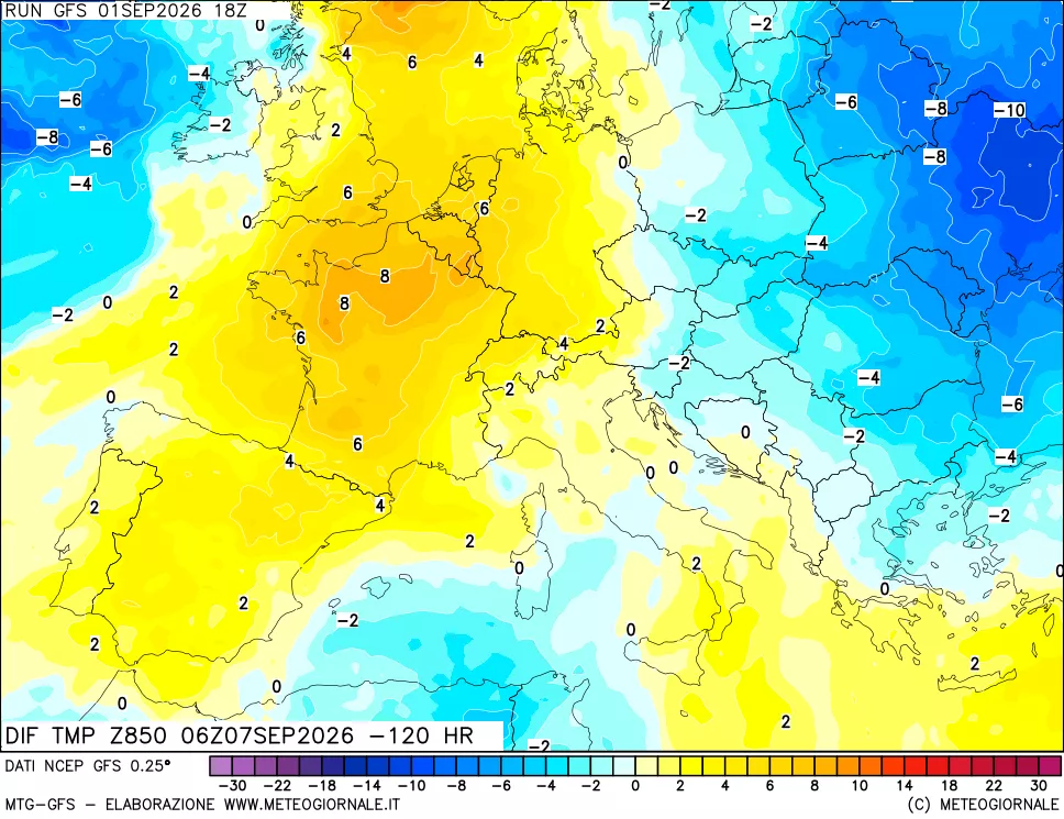 mappa Dif. Temp a 850 hPa Valid - Init