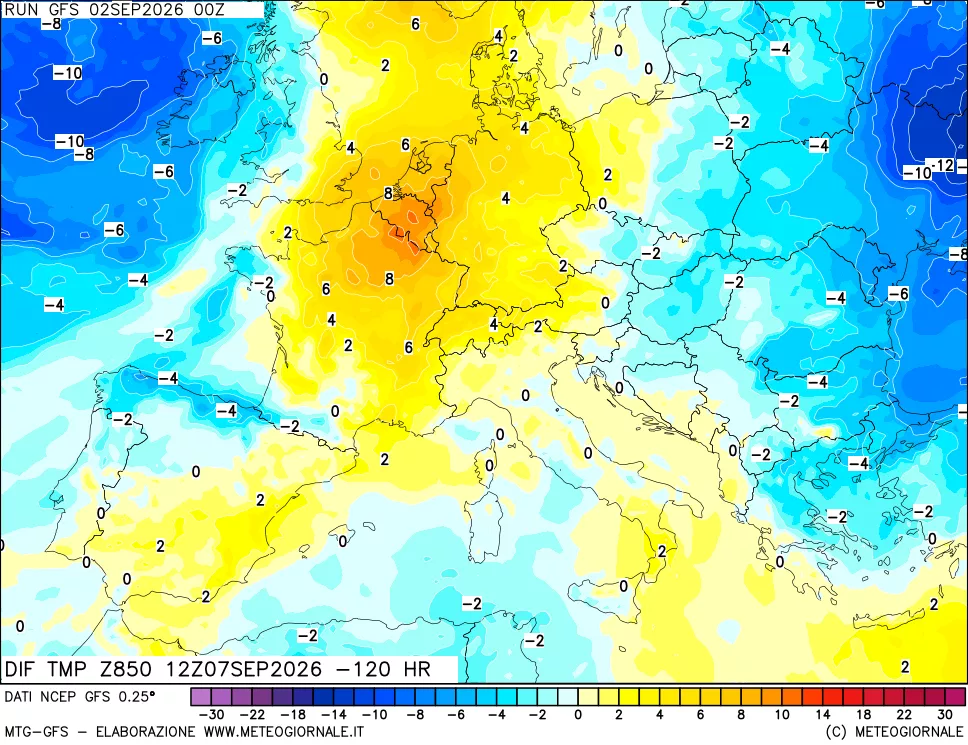 mappa Dif. Temp a 850 hPa Valid - Init