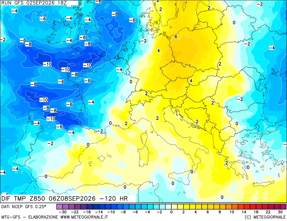 mappa Dif. Temp a 850 hPa Valid - Init