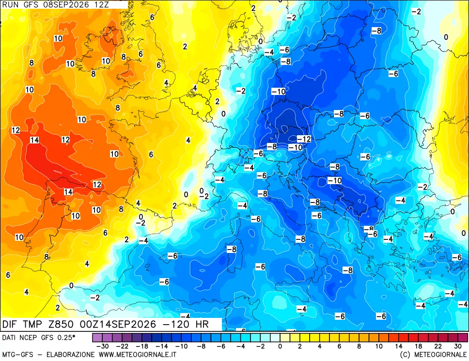 mappa Dif. Temp a 850 hPa Valid - Init