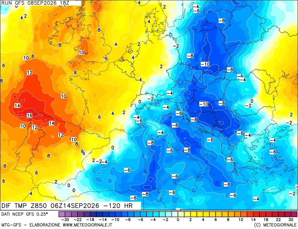 mappa Dif. Temp a 850 hPa Valid - Init