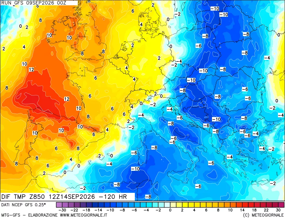 mappa Dif. Temp a 850 hPa Valid - Init