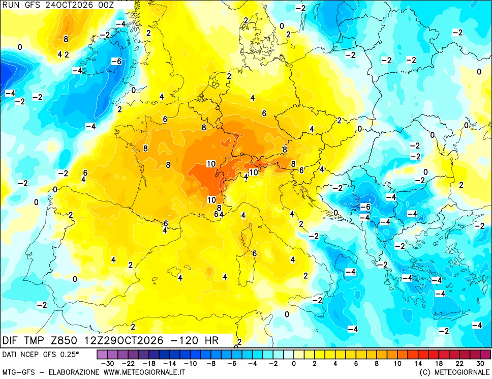 mappa Dif. Temp a 850 hPa Valid - Init