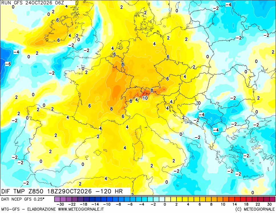 mappa Dif. Temp a 850 hPa Valid - Init