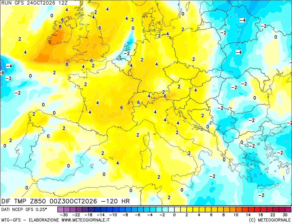 mappa Dif. Temp a 850 hPa Valid - Init