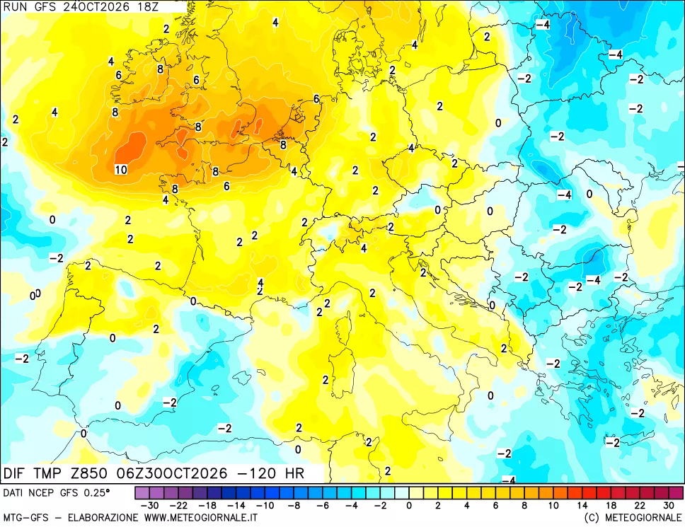 mappa Dif. Temp a 850 hPa Valid - Init