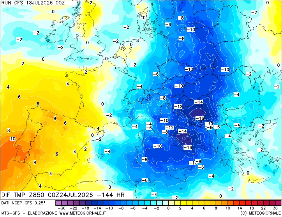 mappa Dif. Temp a 850 hPa Valid - Init