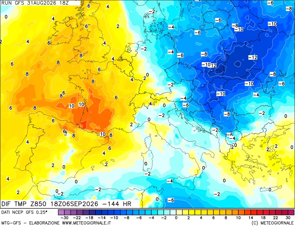 mappa Dif. Temp a 850 hPa Valid - Init