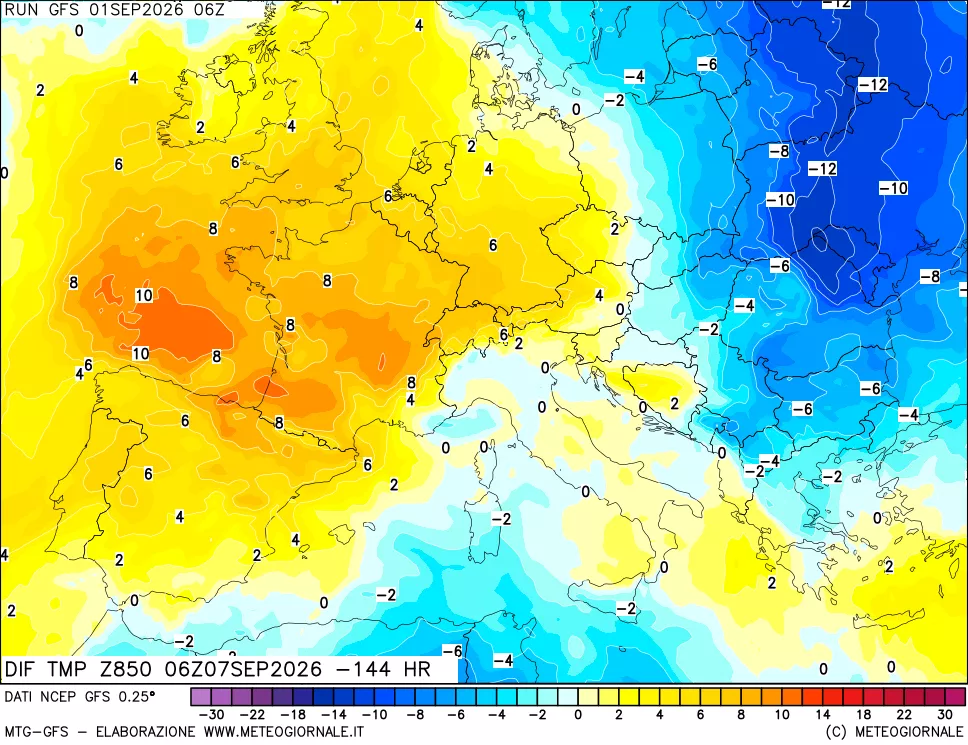 mappa Dif. Temp a 850 hPa Valid - Init