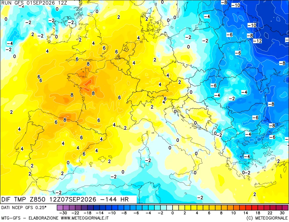 mappa Dif. Temp a 850 hPa Valid - Init
