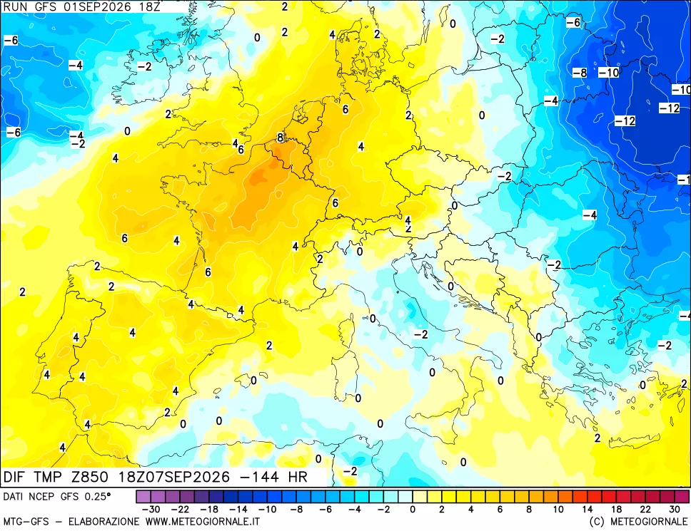mappa Dif. Temp a 850 hPa Valid - Init