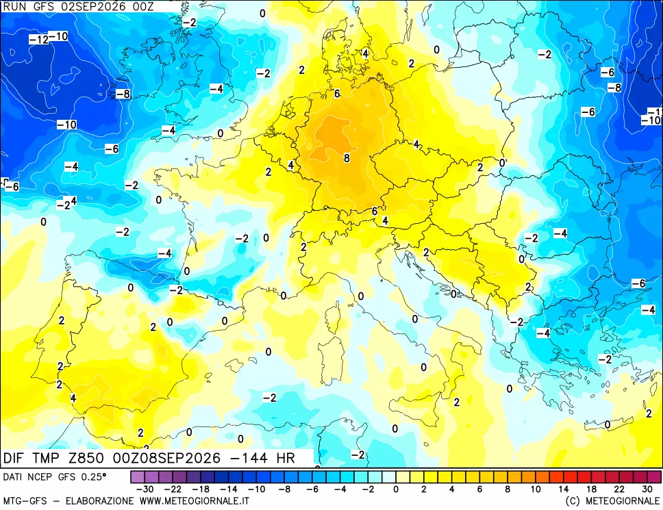 mappa Dif. Temp a 850 hPa Valid - Init