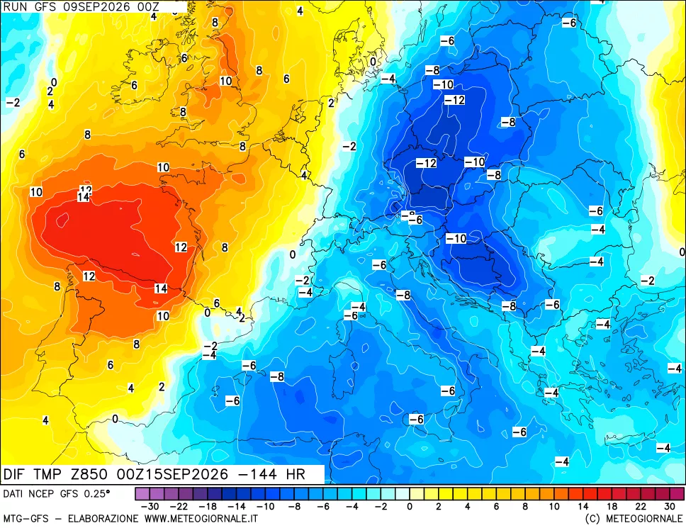 mappa Dif. Temp a 850 hPa Valid - Init