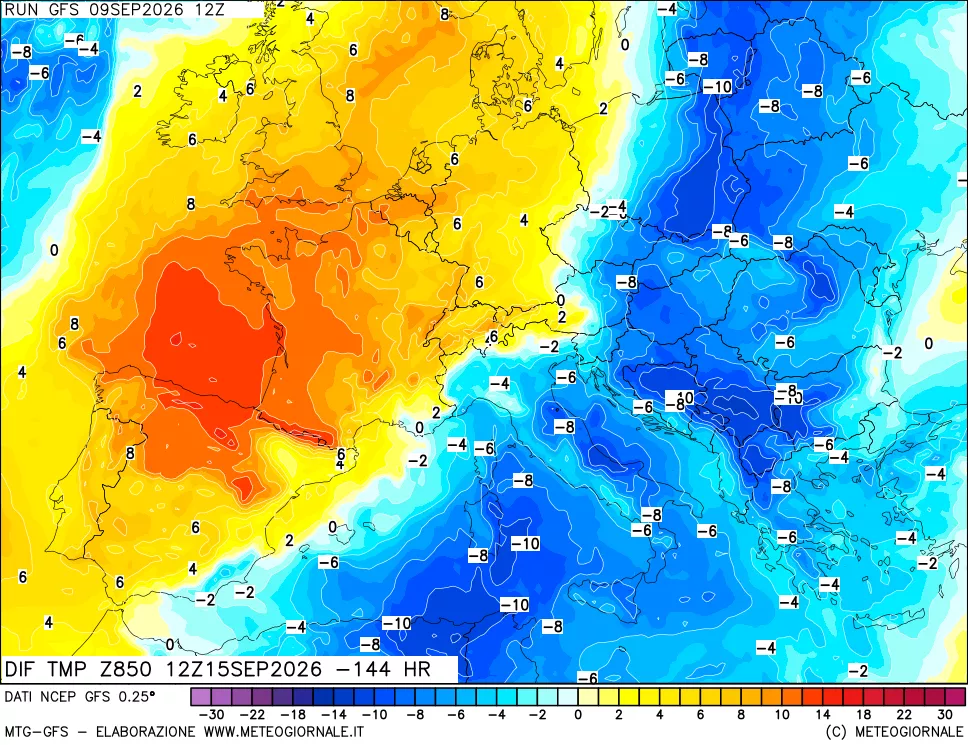 mappa Dif. Temp a 850 hPa Valid - Init