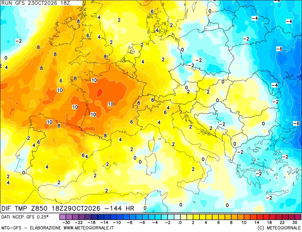 mappa Dif. Temp a 850 hPa Valid - Init
