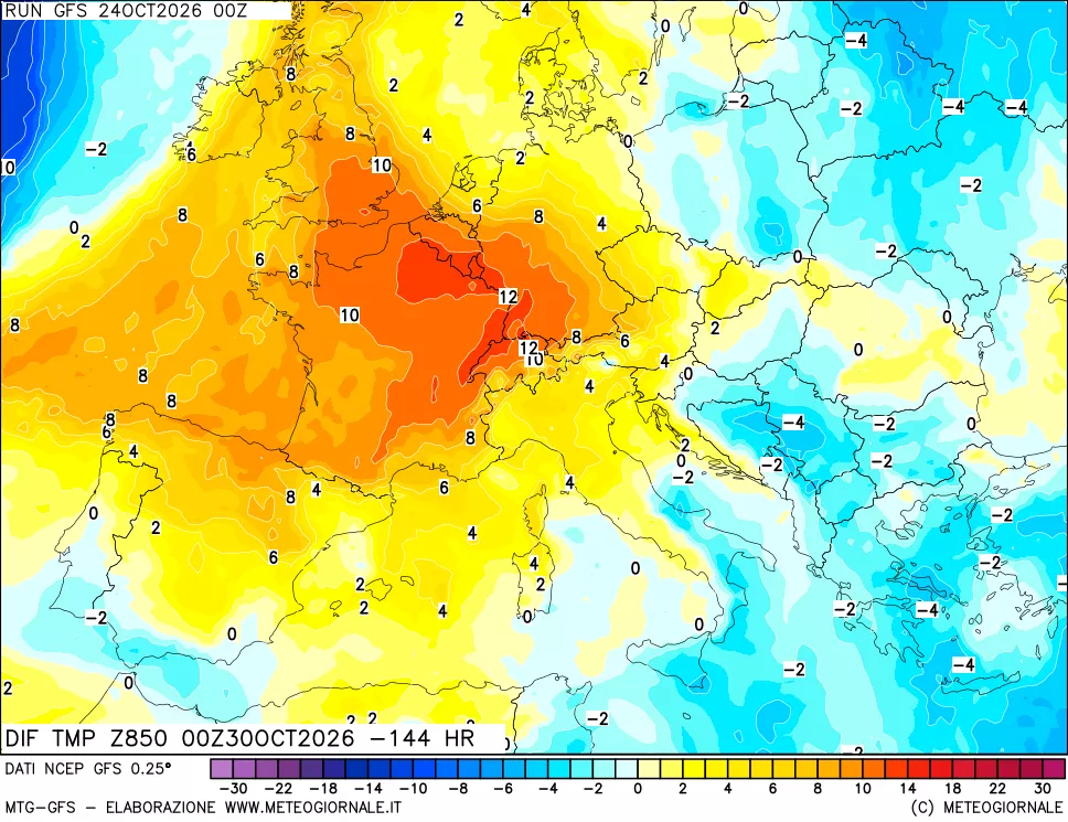 mappa Dif. Temp a 850 hPa Valid - Init