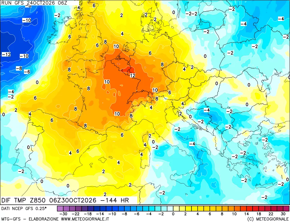 mappa Dif. Temp a 850 hPa Valid - Init