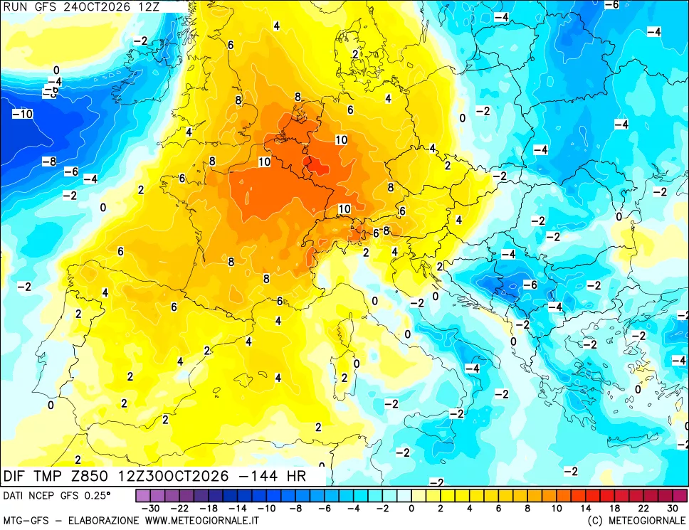 mappa Dif. Temp a 850 hPa Valid - Init