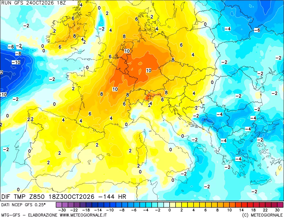 mappa Dif. Temp a 850 hPa Valid - Init