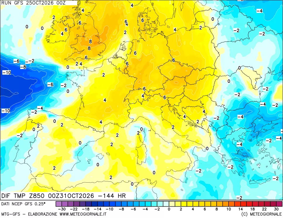 mappa Dif. Temp a 850 hPa Valid - Init