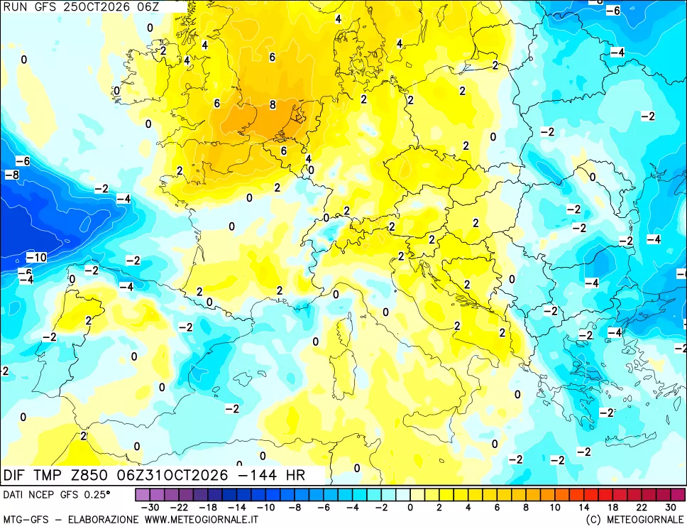 mappa Dif. Temp a 850 hPa Valid - Init