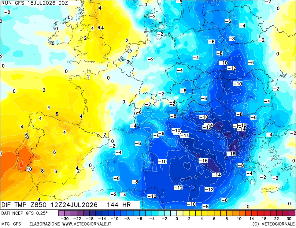 mappa Dif. Temp a 850 hPa Valid - Init