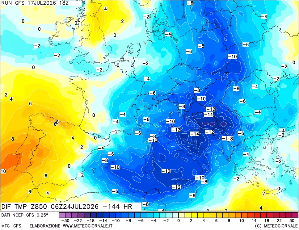 mappa Dif. Temp a 850 hPa Valid - Init