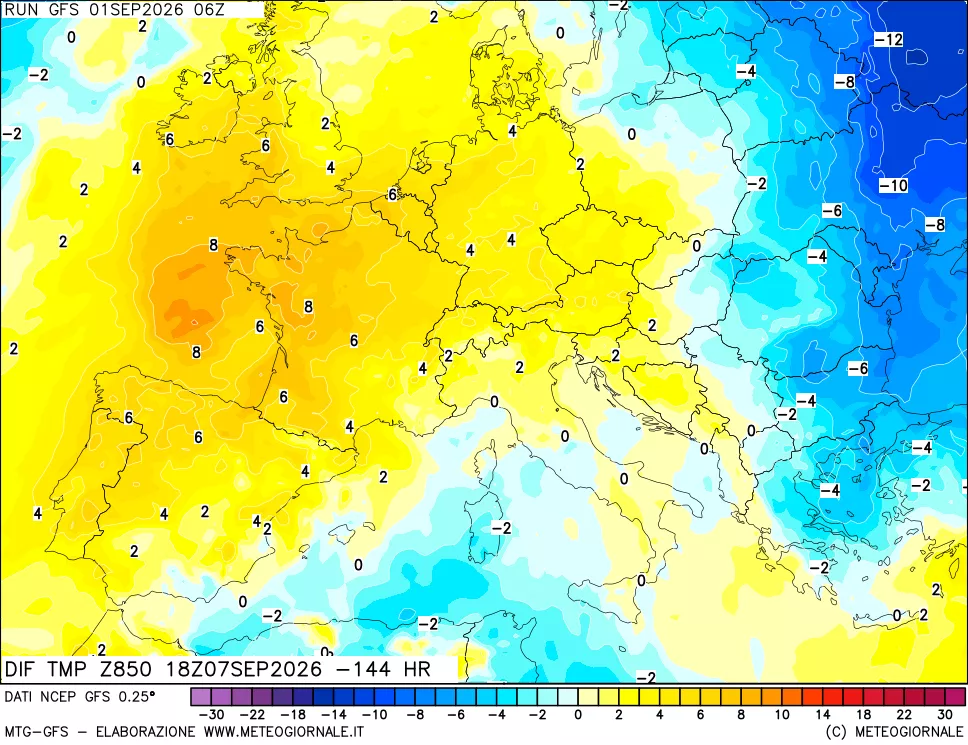 mappa Dif. Temp a 850 hPa Valid - Init
