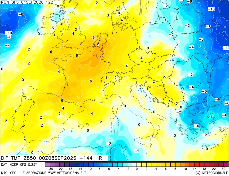 mappa Dif. Temp a 850 hPa Valid - Init