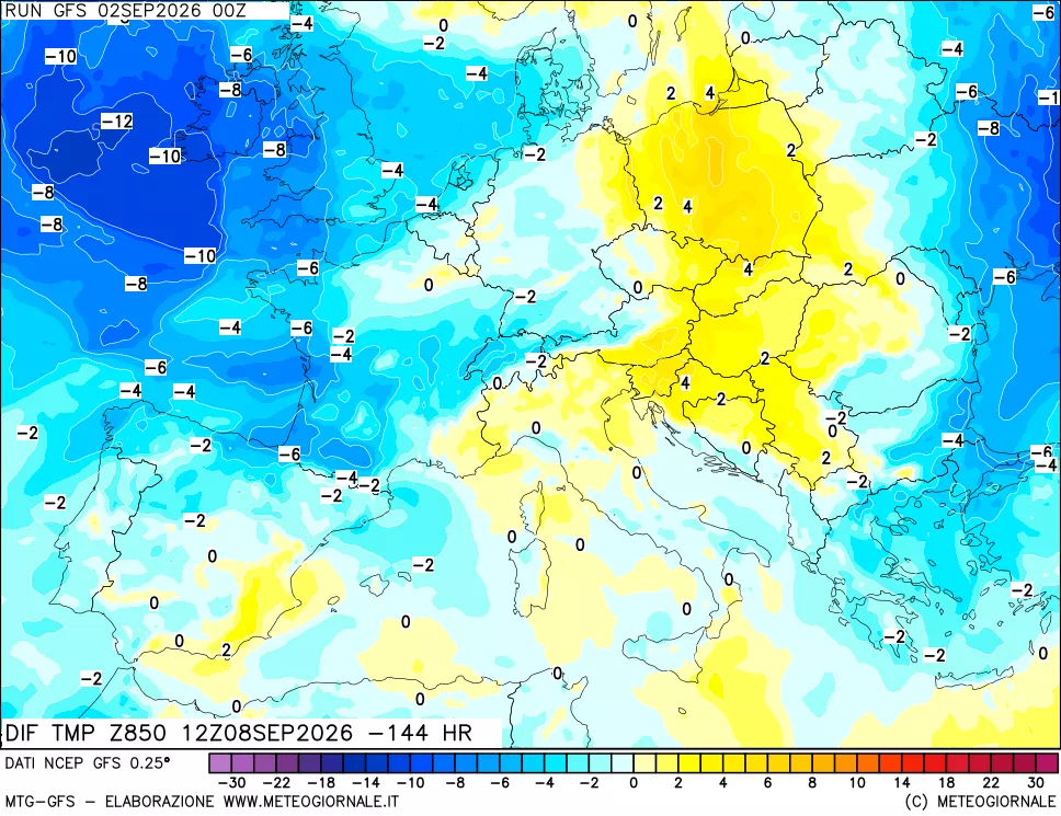 mappa Dif. Temp a 850 hPa Valid - Init
