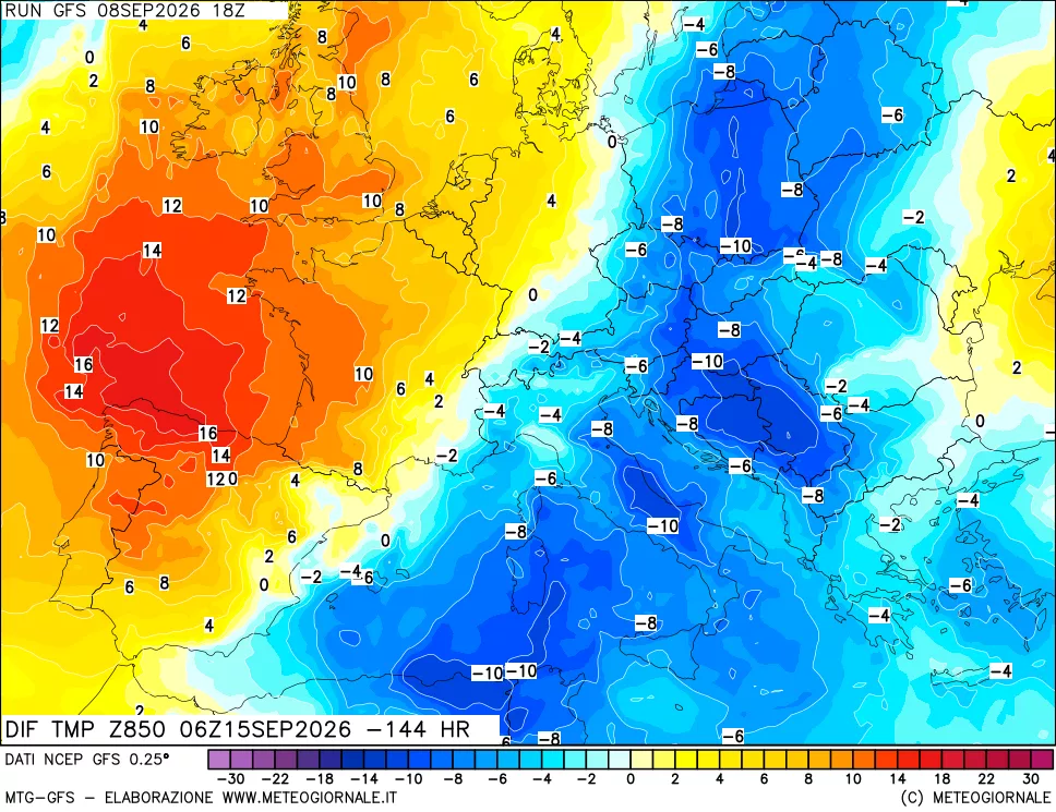 mappa Dif. Temp a 850 hPa Valid - Init