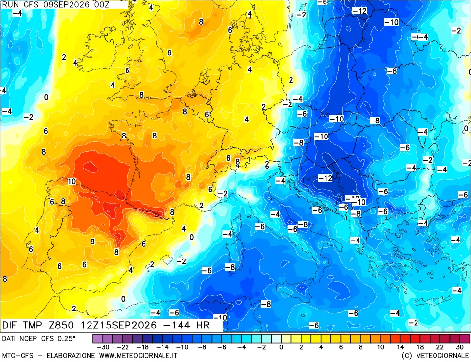 mappa Dif. Temp a 850 hPa Valid - Init