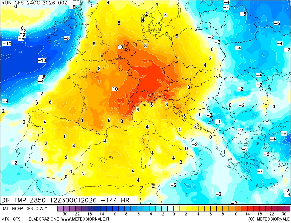 mappa Dif. Temp a 850 hPa Valid - Init