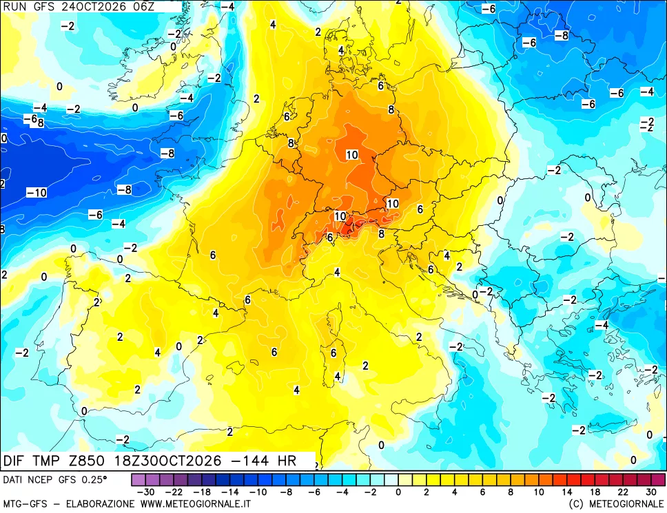 mappa Dif. Temp a 850 hPa Valid - Init