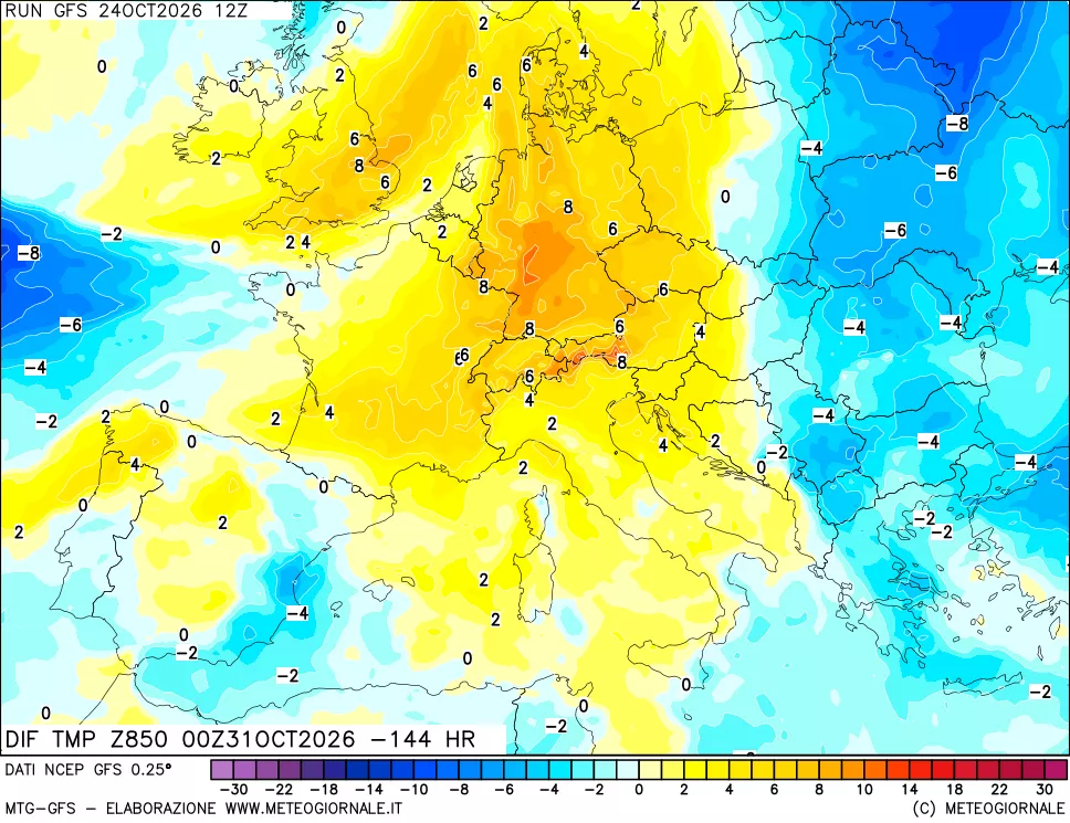 mappa Dif. Temp a 850 hPa Valid - Init