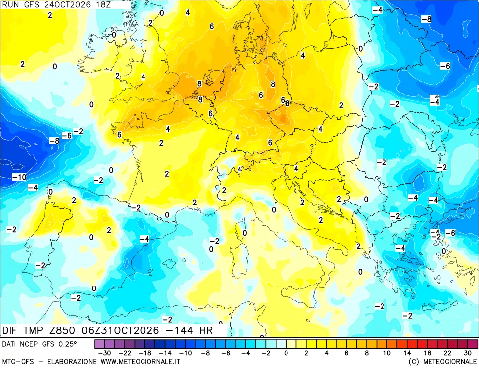 mappa Dif. Temp a 850 hPa Valid - Init